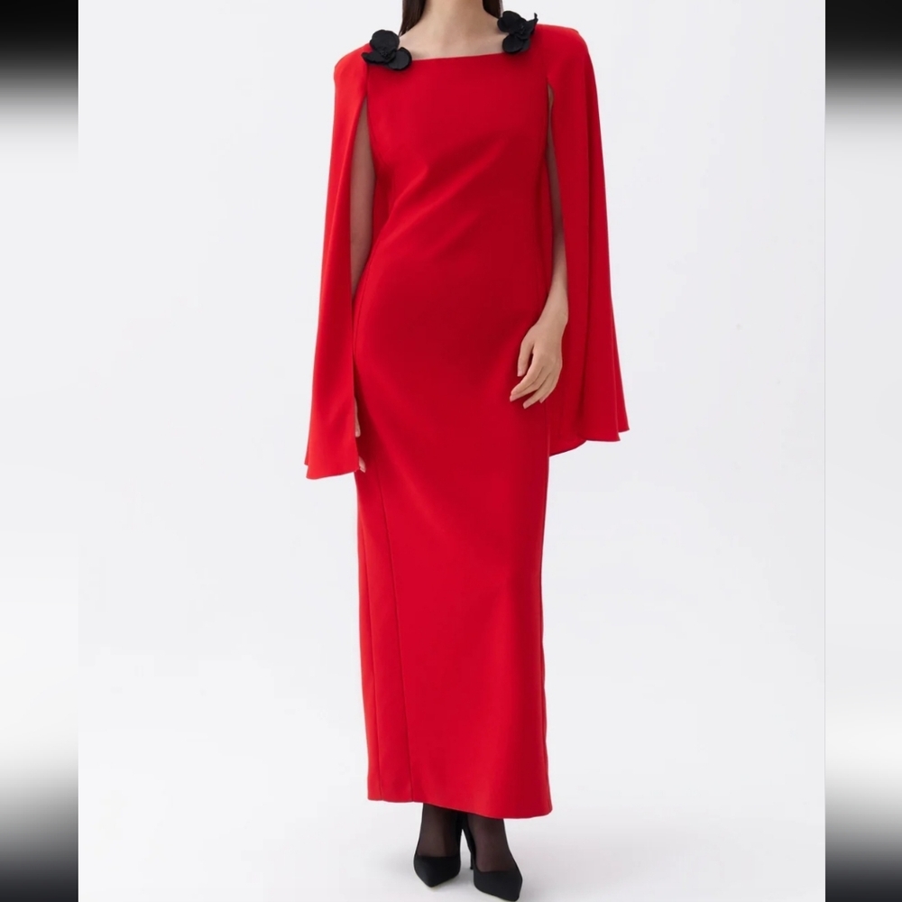 Red Long-Sleeve Cape Evening Gown with Floral Accents